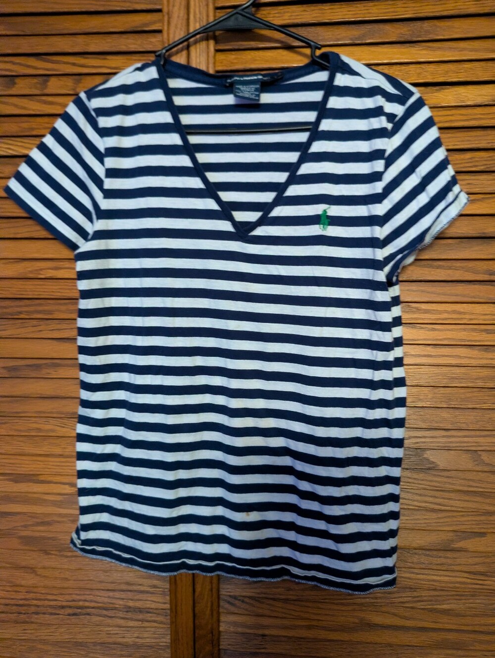 Ralph Lauren Sport Ladies V Neck Blue & White Striped Tee With Green Pony Size L